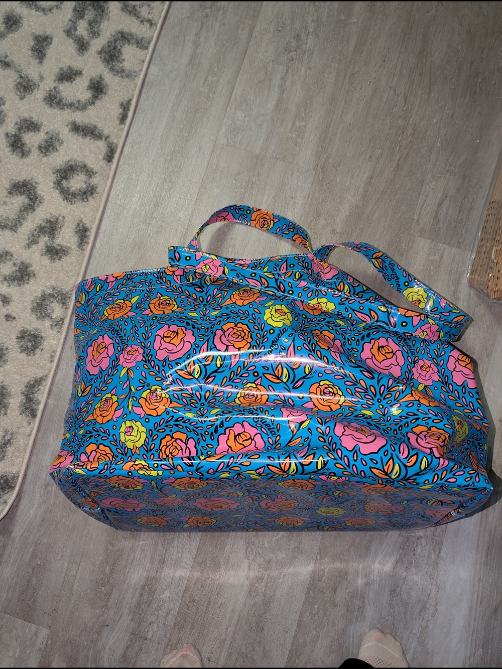Consuela Blue Floral Tote with Pink & Orange Roses